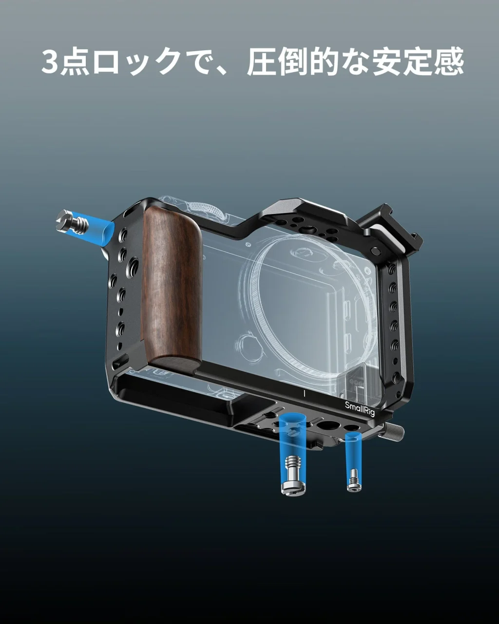 Sigma FP2用ケージ。木製グリップと底部のネジ類を分解表示