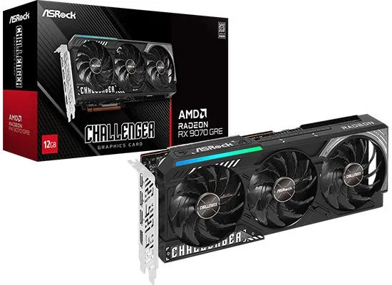 RX9070GRE CL 12G のトリプルファングラフィックボードと製品パッケージ