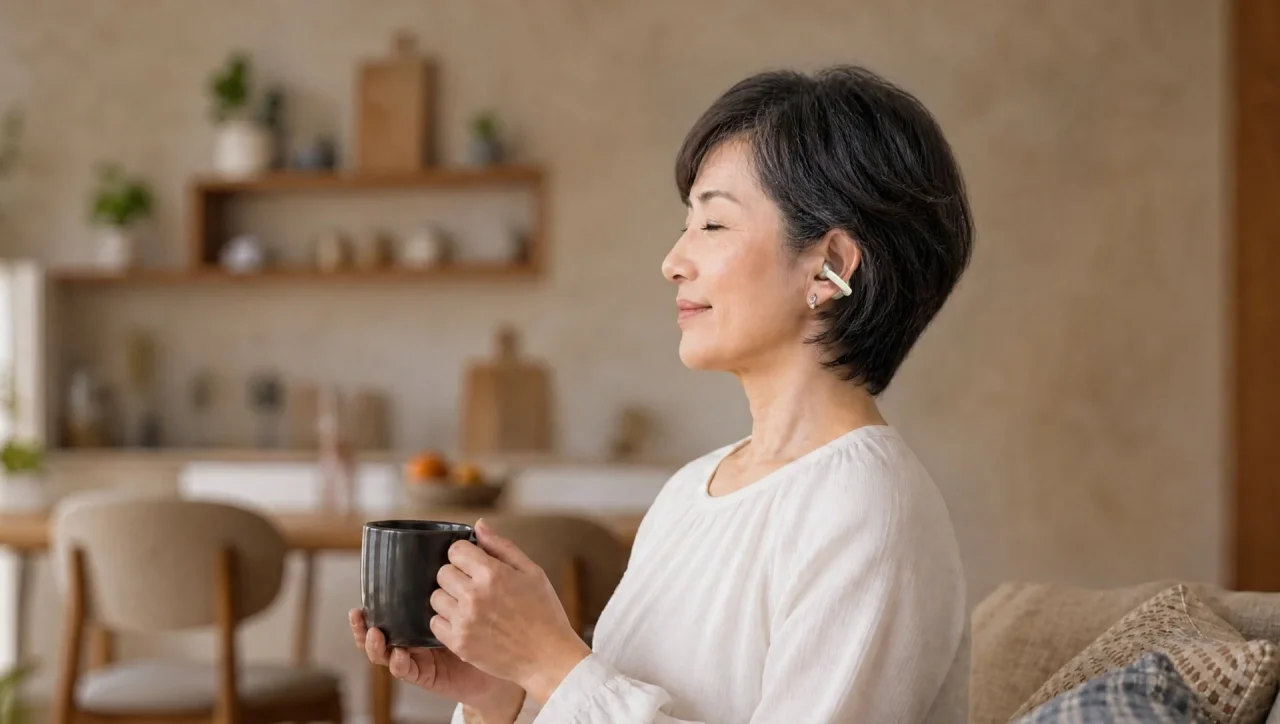 Cearvol Liberte：耳に集音器を着けマグカップを持つ短髪の女性
