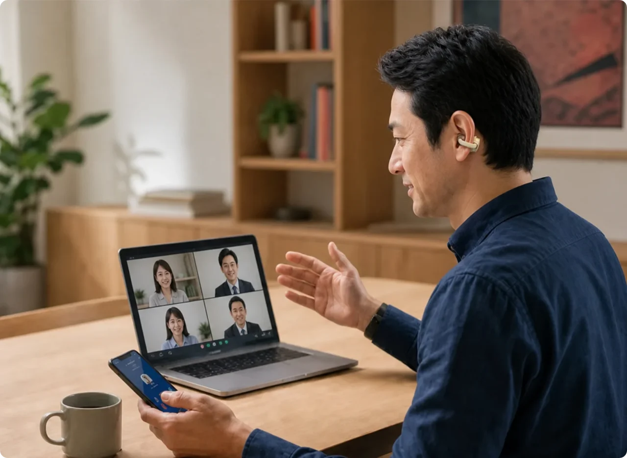 Cearvol Liberteを耳に着け、スマホとPCでビデオ通話する男性