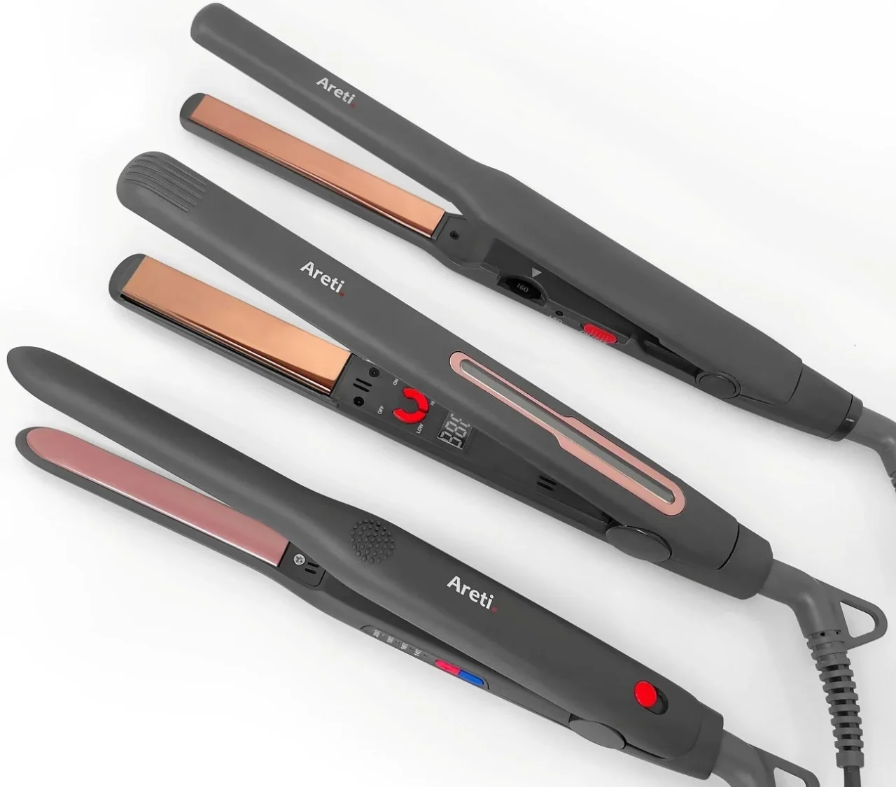 細いプレートと幅広プレートの比較用、Areti.ロゴ入りヘアアイロン3本