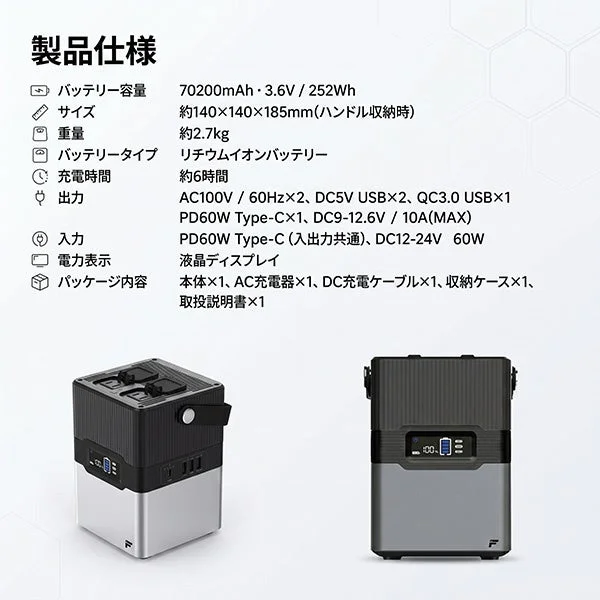 大容量ポータブル電源 (MF-PS001-BK) の製品仕様表と本体2方向の外観
