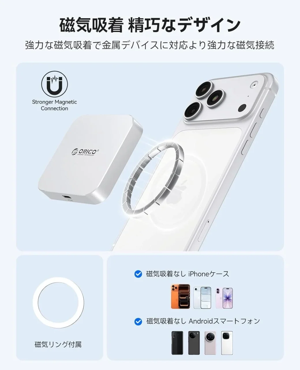 MagSafe対応磁気カードリーダーと磁気吸着リングをiPhoneに合わせた図