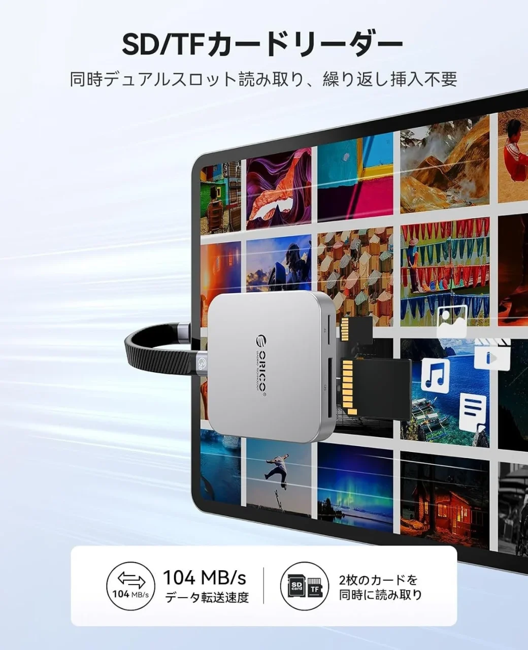 ORICO SD/TFデュアルカード同時読み取り、タブレットに接続したリーダー