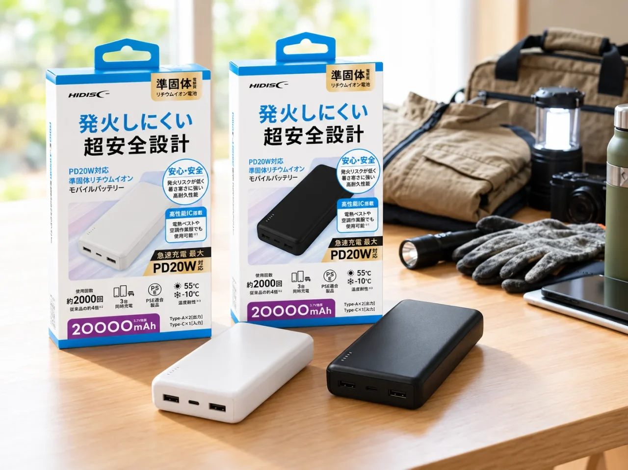 20000mAhの準固体モバイルバッテリーのホワイトとブラックのパッケージと本体