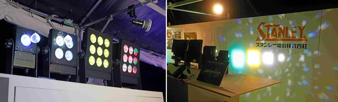 LED投光器LEDSFOCUSなどの照明製品の展示と、STANLEYロゴの壁面ブース