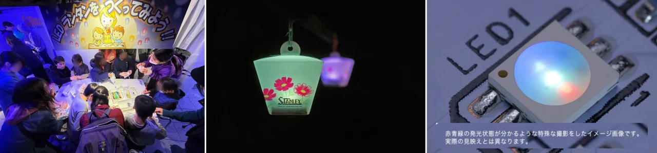 LEDランタンづくりワークショップの様子と光るランタン、マルチカラーLED
