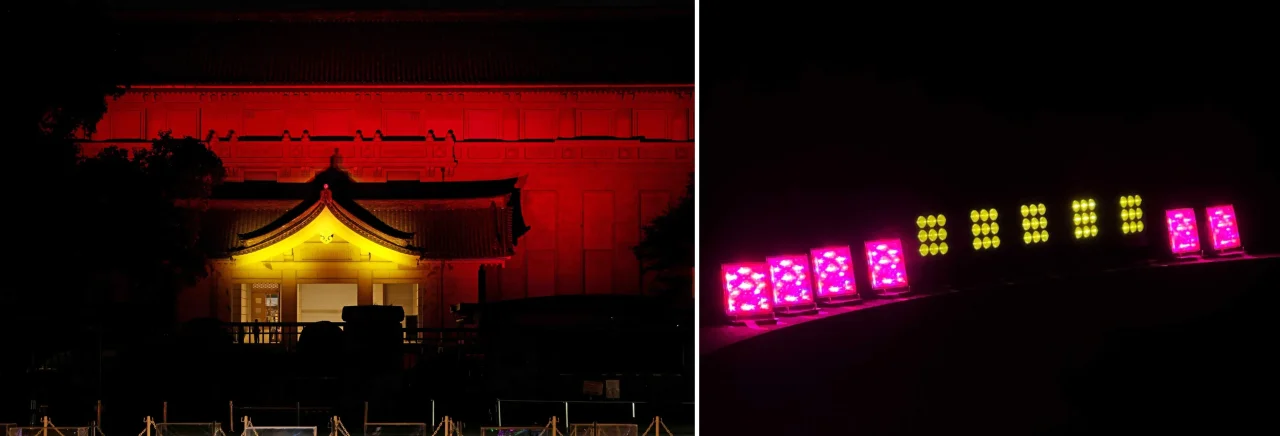 赤く照らされた東京国立博物館のライトアップと、ピンクや黄色に光る照明