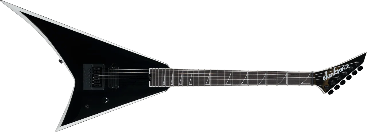白いベベルが入った黒いRhoads形エレキギター。ヘッドにJacksonロゴ