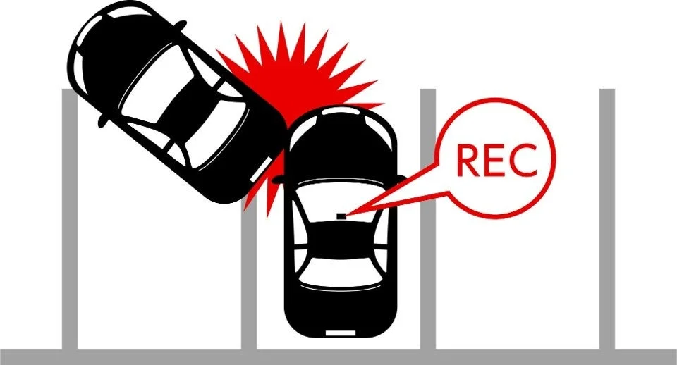 駐車中に隣の車が接触し、REC表示で録画を示す駐車監視のイラスト