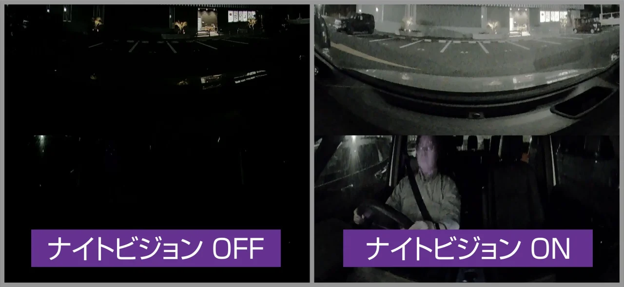 ナイトビジョン機能のOFFとONの夜間映像比較(ZDR-831R)