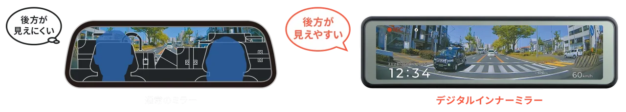 ZDR-881M 通常ミラーとデジタルインナーミラーの後方視界の比較