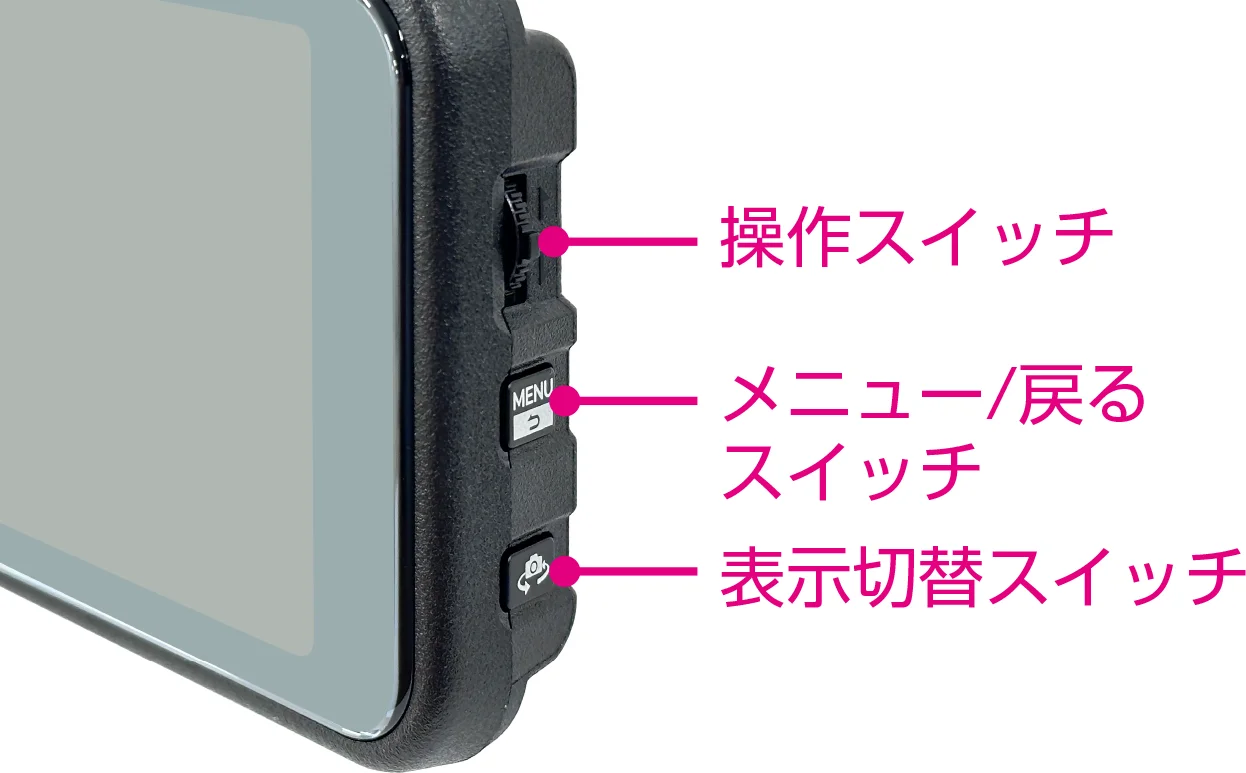 ZDR-881Mのミラー側面にある操作スイッチ、メニュー/戻る、表示切替スイッチ