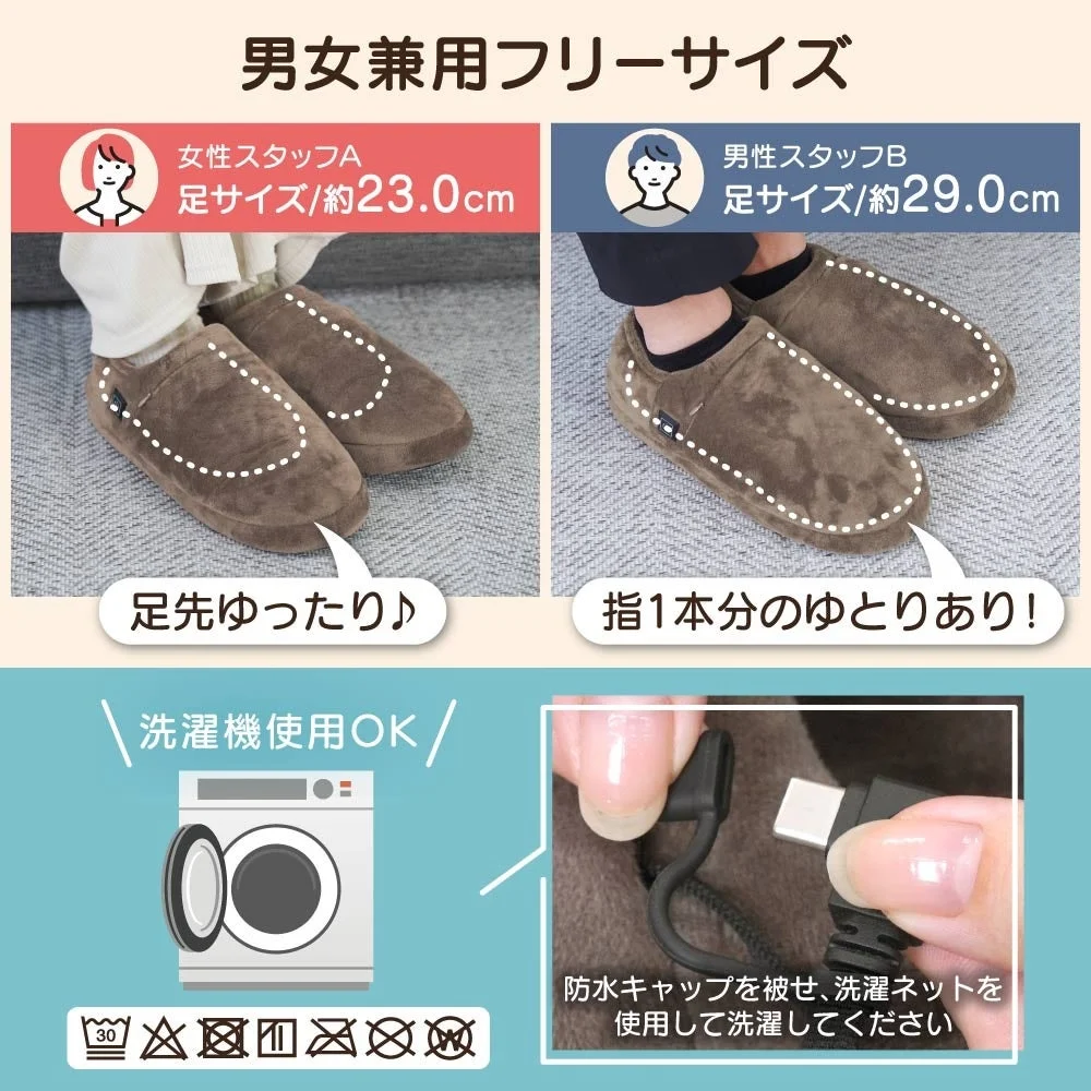 どこでも床暖スリッパのフリーサイズ着用例と洗濯機使用OK・防水キャップの説明