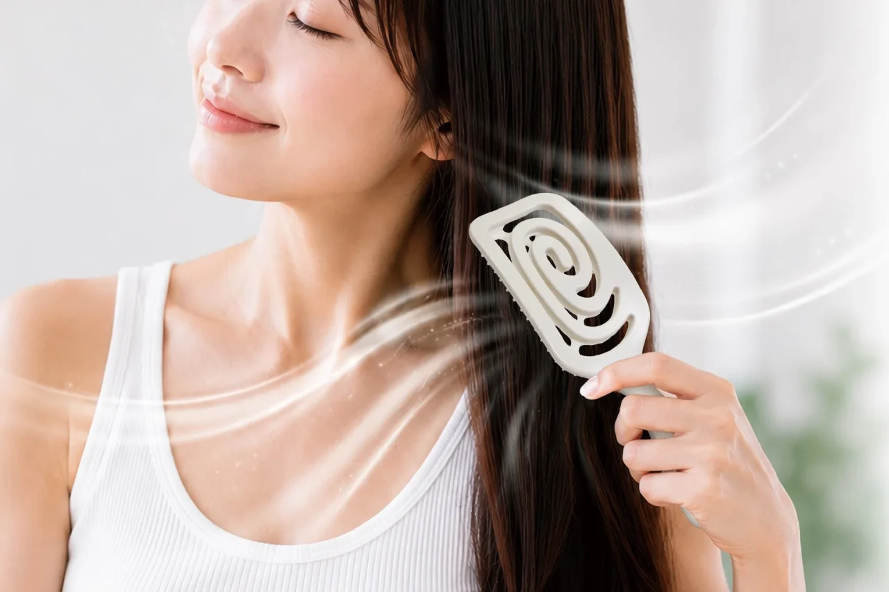 クイックヘアブラシで髪をとかす女性。渦巻き状の穴があるベージュのブラシ