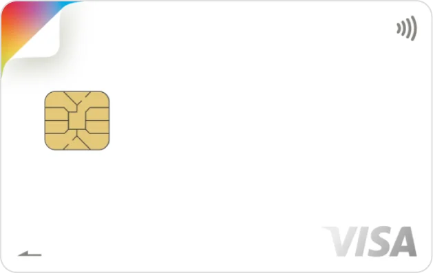 aiカード券面デザイン。白地にICチップとVISAロゴ、左上に虹色の折り返し