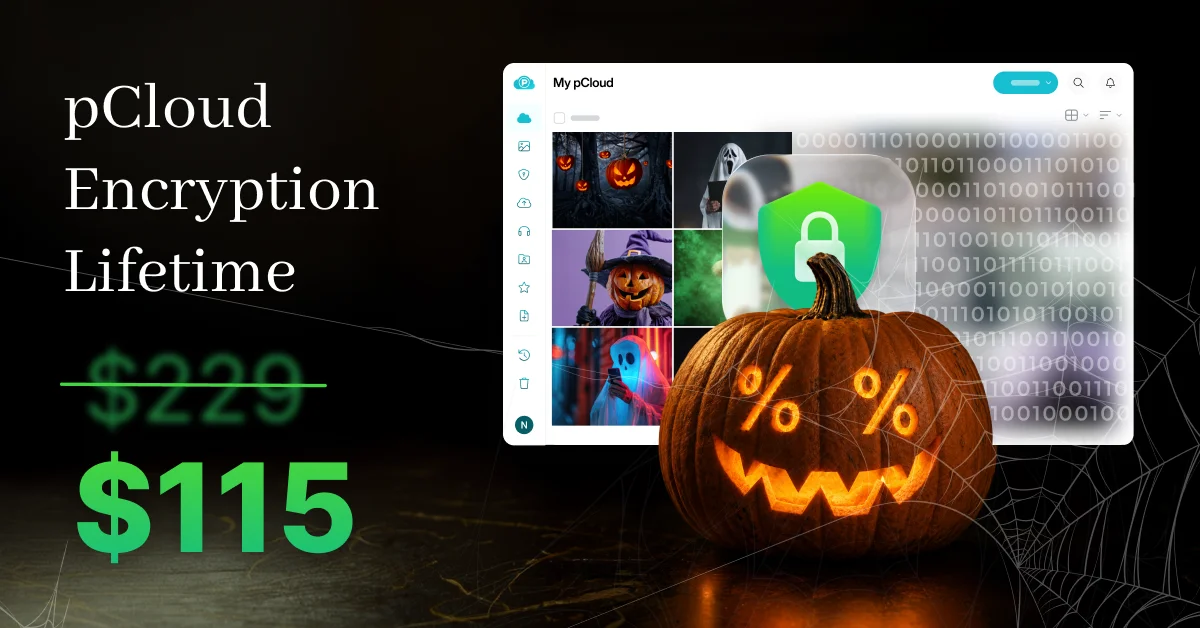 pCloud Encryption生涯プランの50%オフ告知。$229が$115、ハロウィンのカボチャ