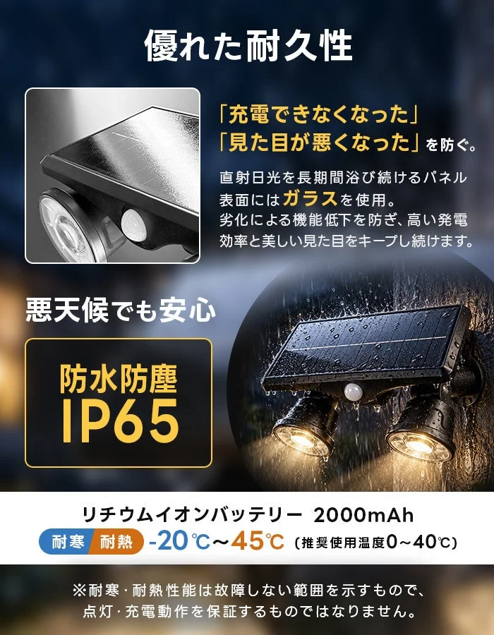 Twinの耐久性を説明。ガラスパネル、IP65防水防塵、2灯ライト