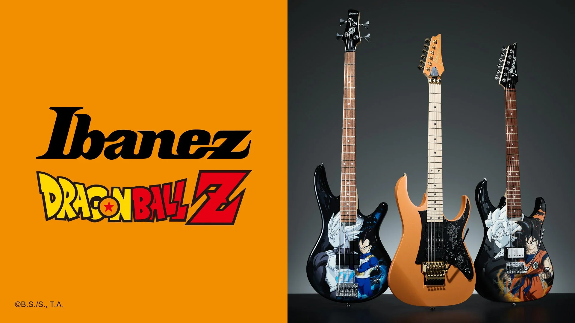 IbanezとドラゴンボールZのロゴと、コラボ柄のベースとエレキギター3本