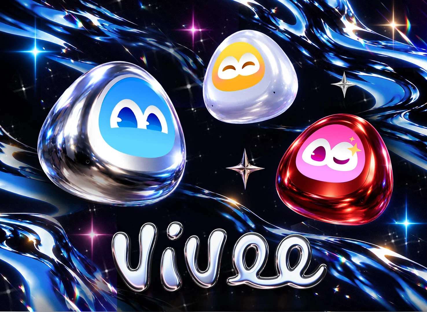 VIVEEのロゴと、青・白・赤ピンクの表情付きAIデバイス3体のビジュアル