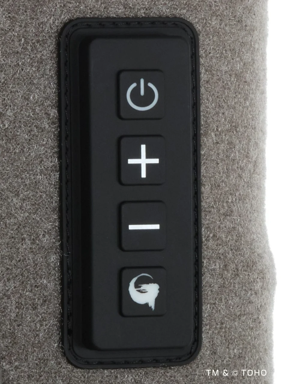 グレー生地上の操作パネル。電源・+・-とG(ゴジラ)ボタン