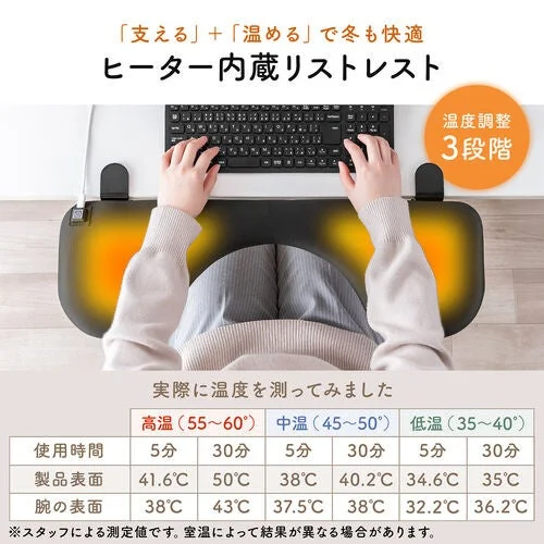 ヒーター内蔵リストレストに腕を置く様子と温度測定表