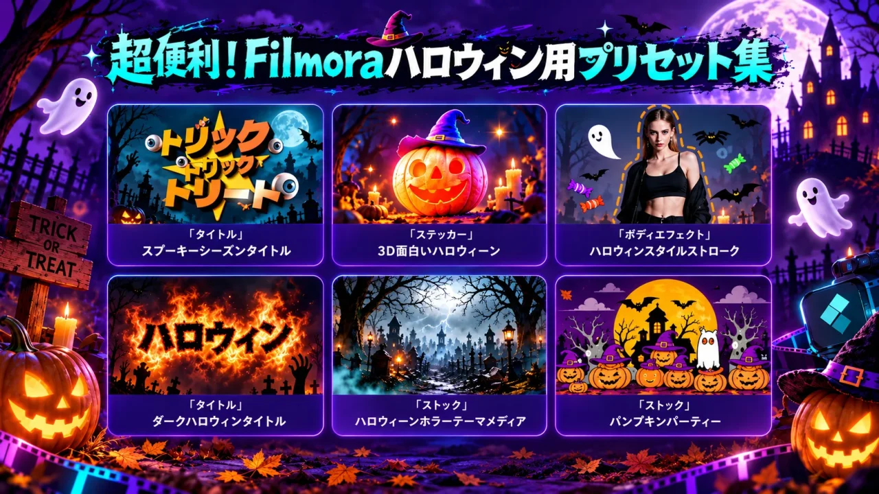 Filmoraハロウィン用プリセット集。スプーキーシーズンタイトルなど6種