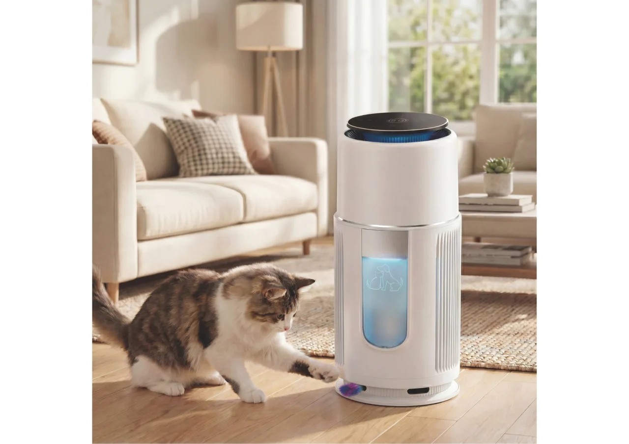 リビングで猫が足元の玩具に触れる白いペット空気清浄機