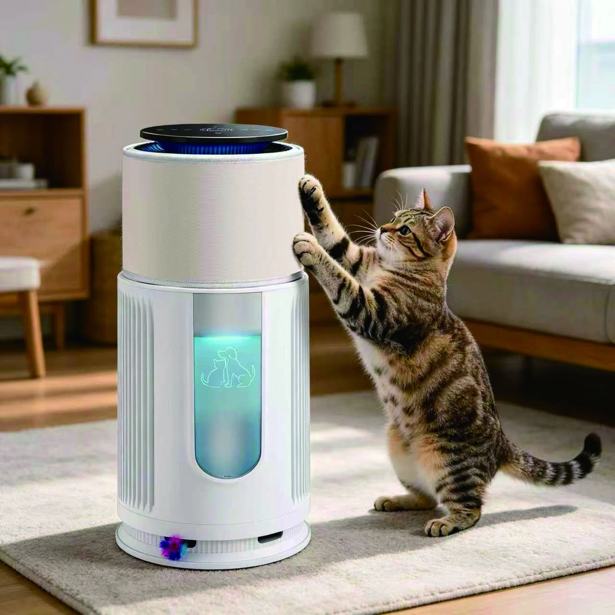 ペット空気清浄機に前足をかける猫のリビングでの様子