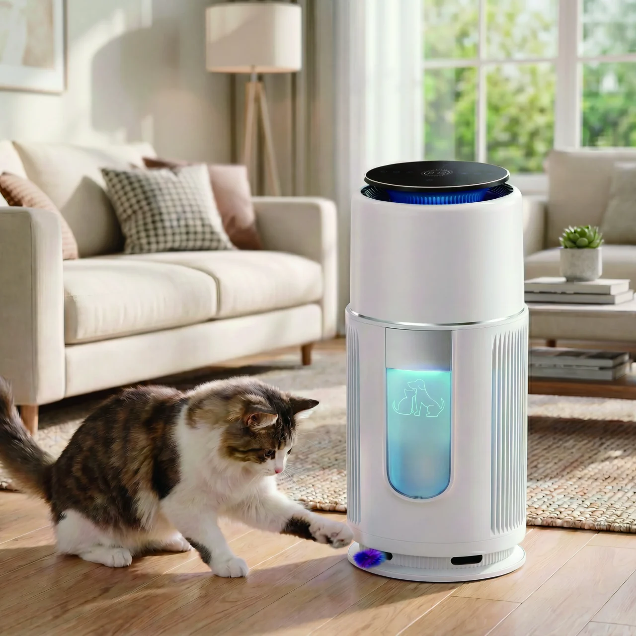 ペット空気清浄機の底部の猫じゃらしに前足で触れる猫