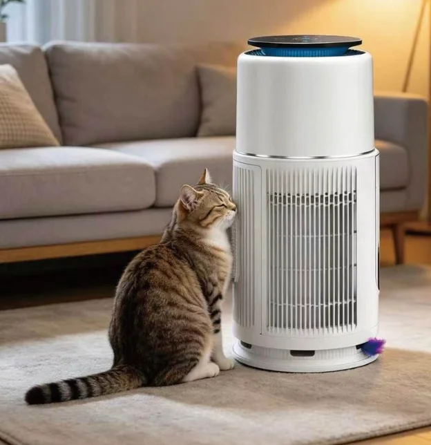 ペット空気清浄機のそばに座る猫。本体側面のスリットに顔を寄せている