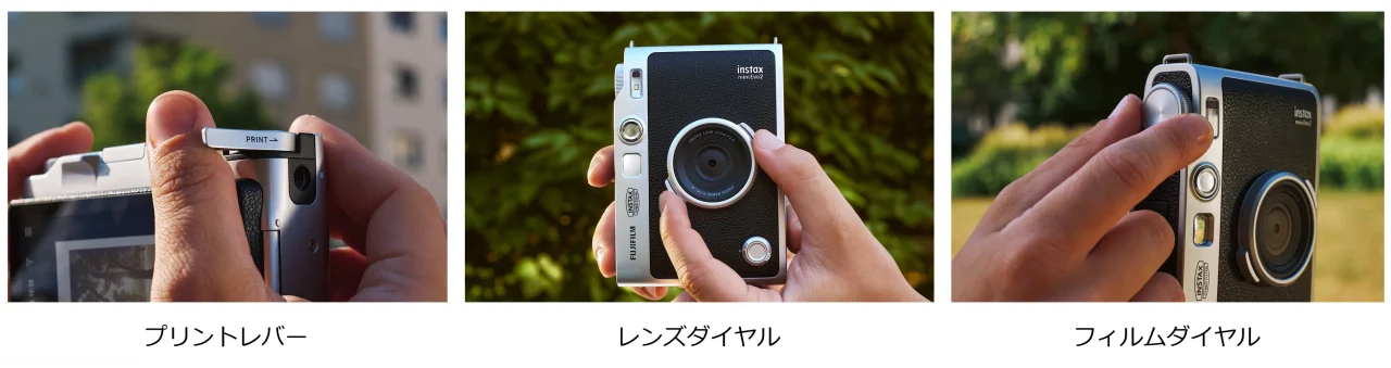 instax mini Evo 2のプリントレバー、レンズダイヤル、フィルムダイヤルを操作する手元