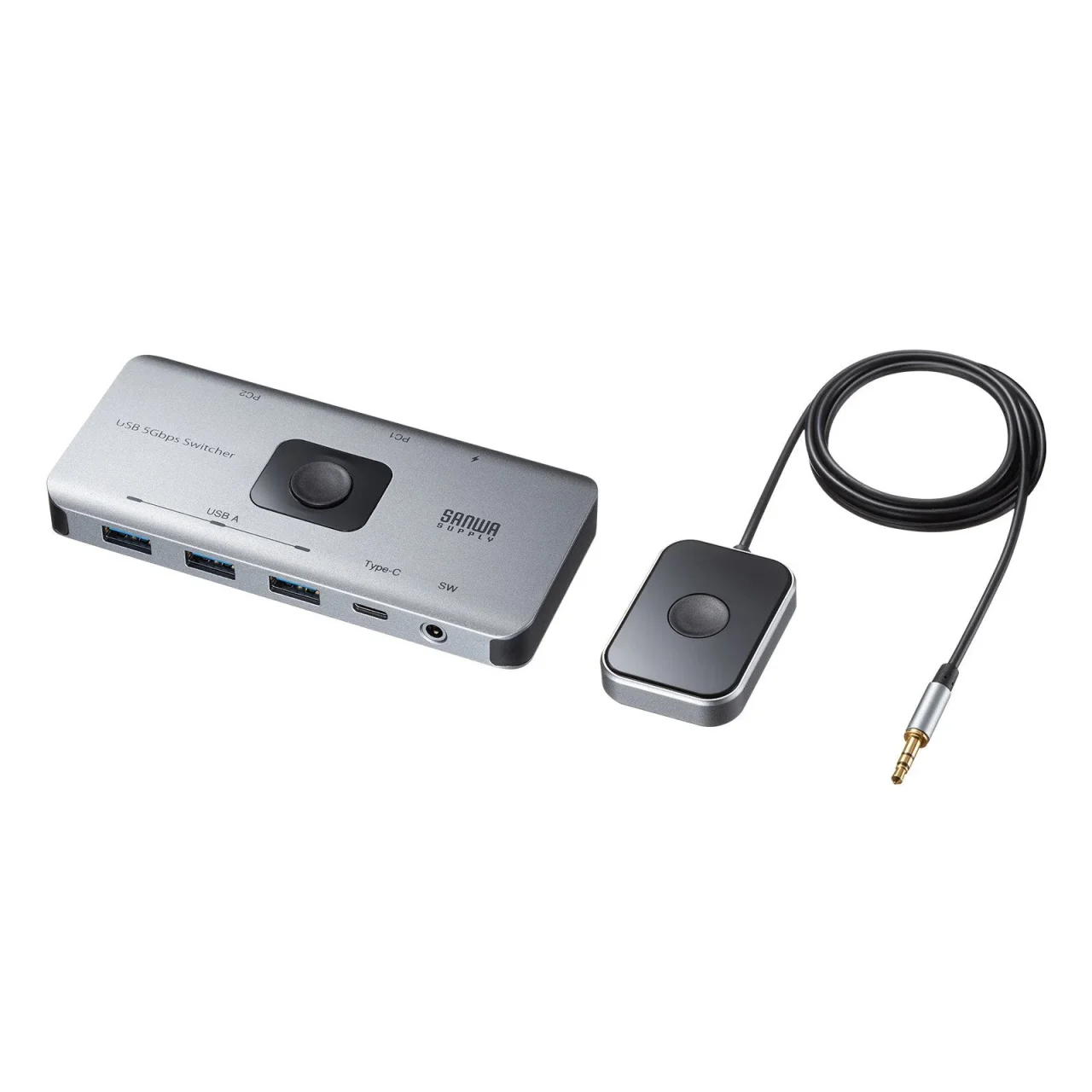 USB 5Gbps切替器 SW-USS24の本体と手元スイッチ