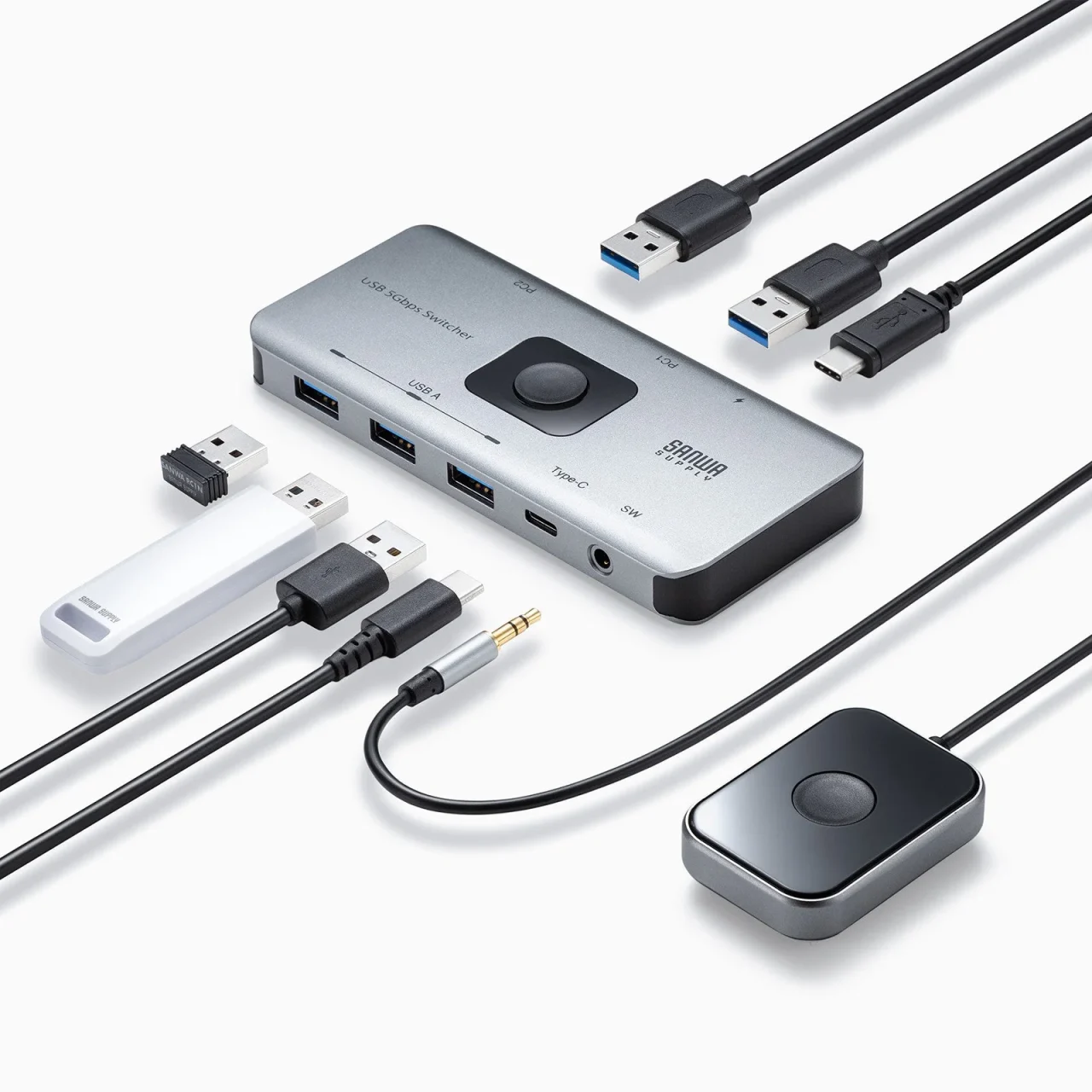 USB 5Gbps切替器 SW-USS24本体、手元スイッチ、USBケーブルと周辺機器