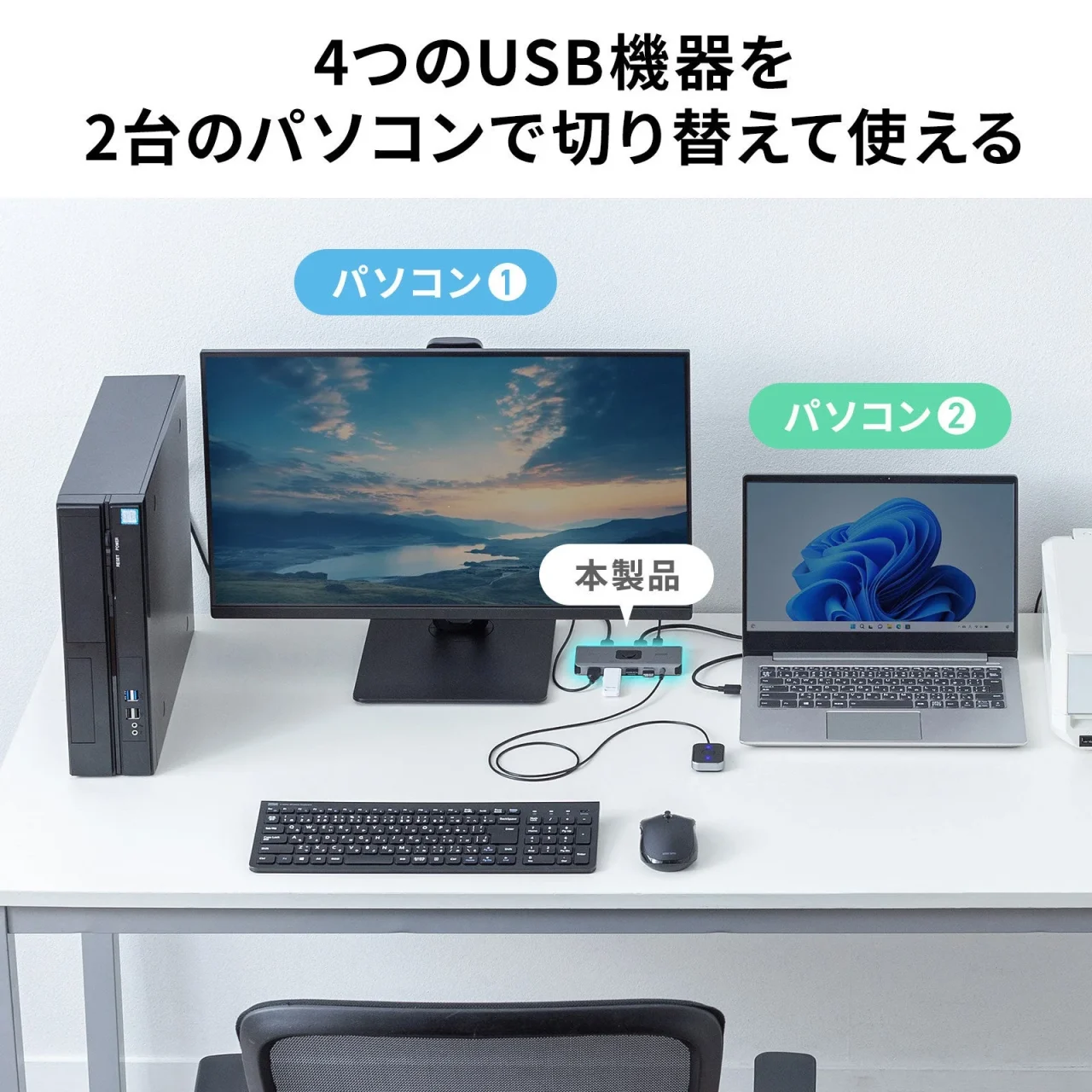 2台のパソコンと4つのUSB機器を切り替えて使う接続イメージ