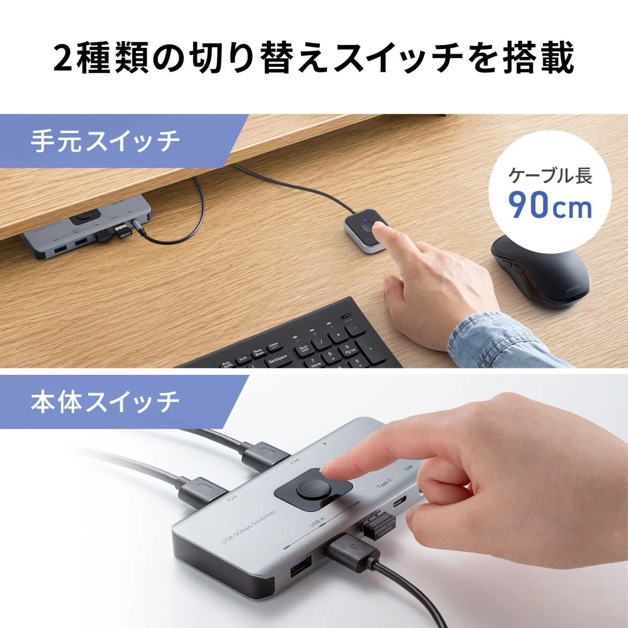 手元スイッチと本体スイッチの2種類の切り替えスイッチを示す説明図