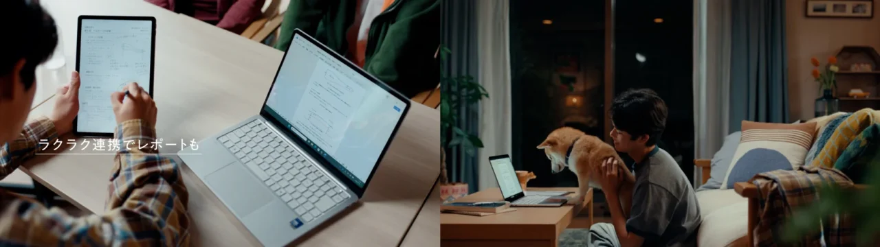 「レポート」篇の場面。タブレットとノートPCでレポート作成、愛犬と過ごす部屋