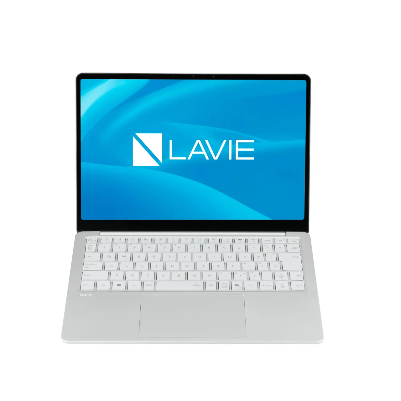 LAVIE S13 プラチナシルバーのノートPC正面。画面にLAVIEロゴ