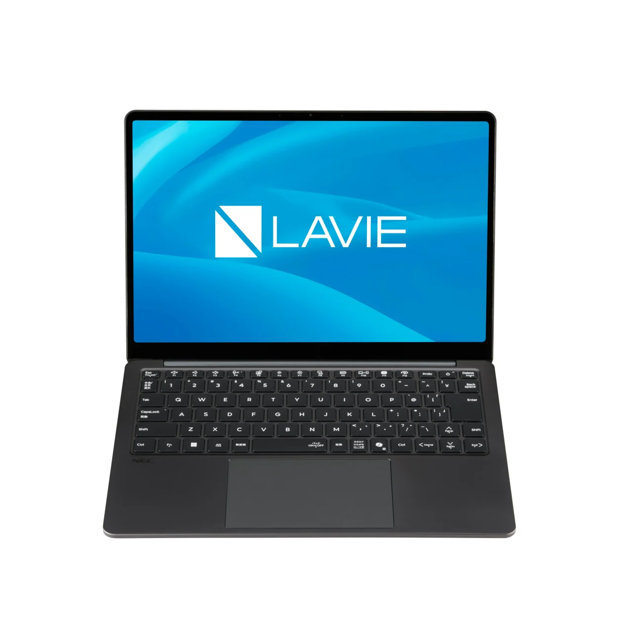 LAVIE S13 ムーンブラックの正面。画面にLAVIEロゴを表示