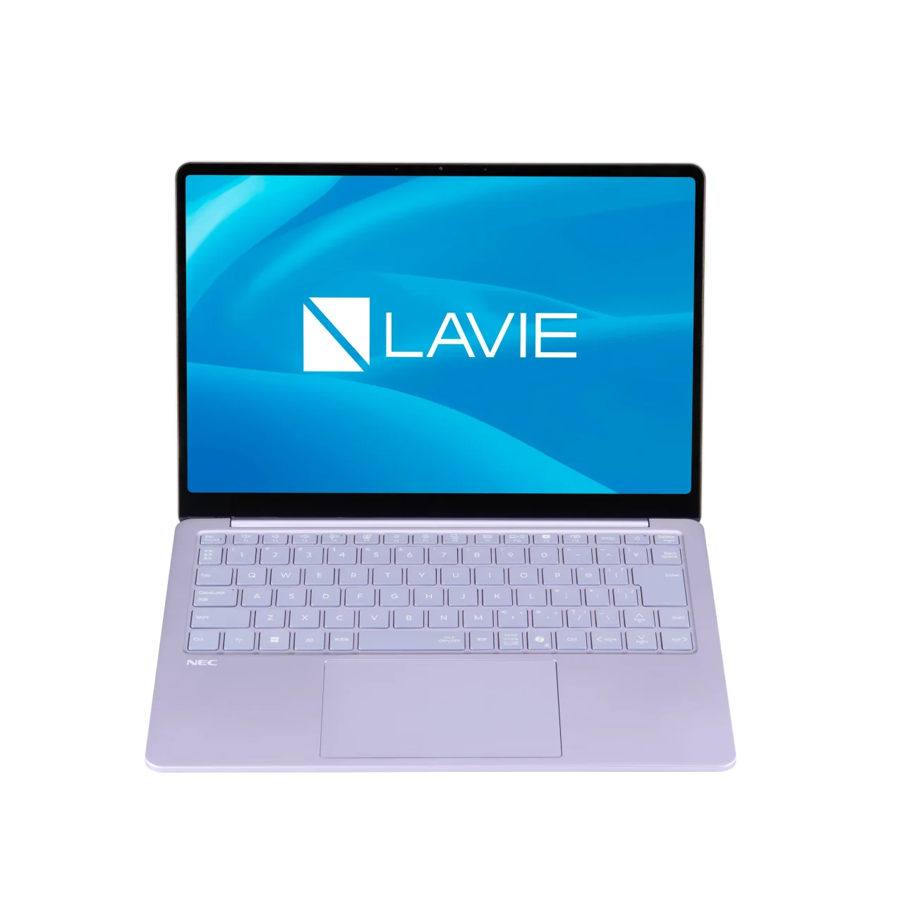 LAVIE S13 アイシーパープルのノートPC。画面にLAVIEロゴを表示