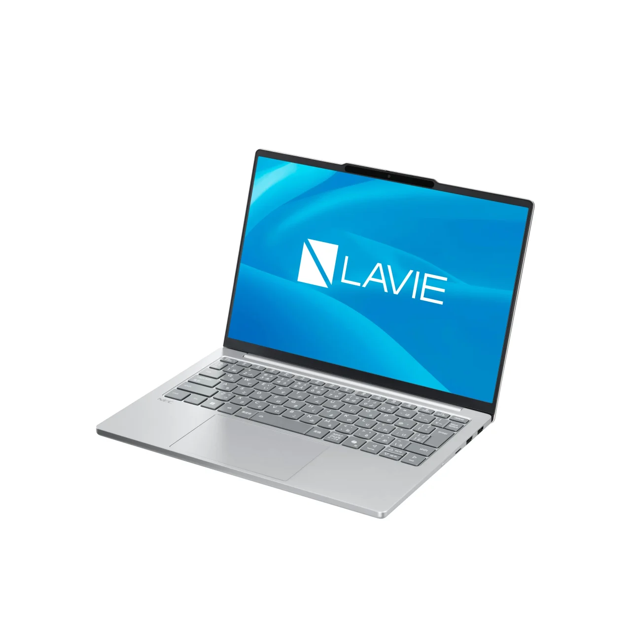 LAVIE N13 ライトシルバーのノートPC。画面にLAVIEロゴを表示