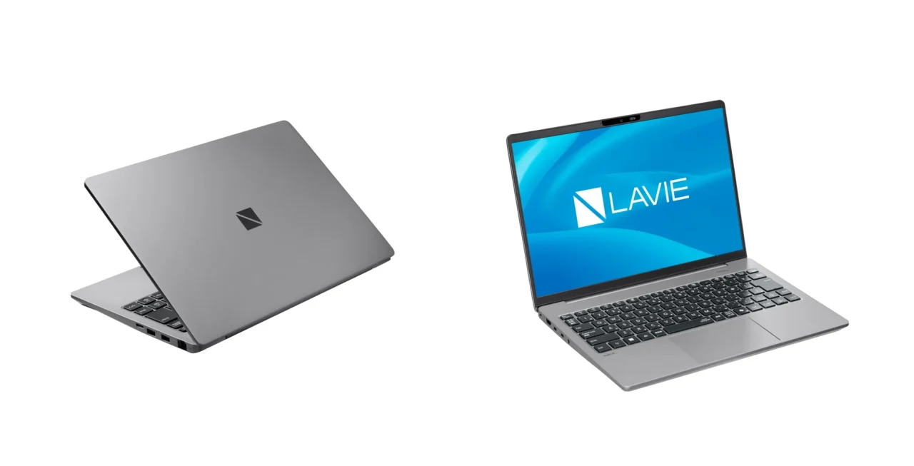 LAVIE X14のノートPC。背面を見せた状態と、LAVIEロゴ画面を表示した正面
