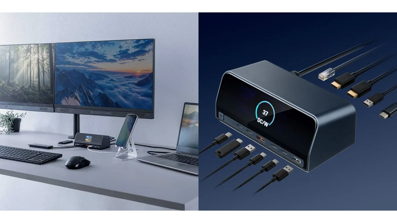 USB-Cドッキングステーション400-VGA032のデスク利用例と、液晶と各種ケーブルを示す本体