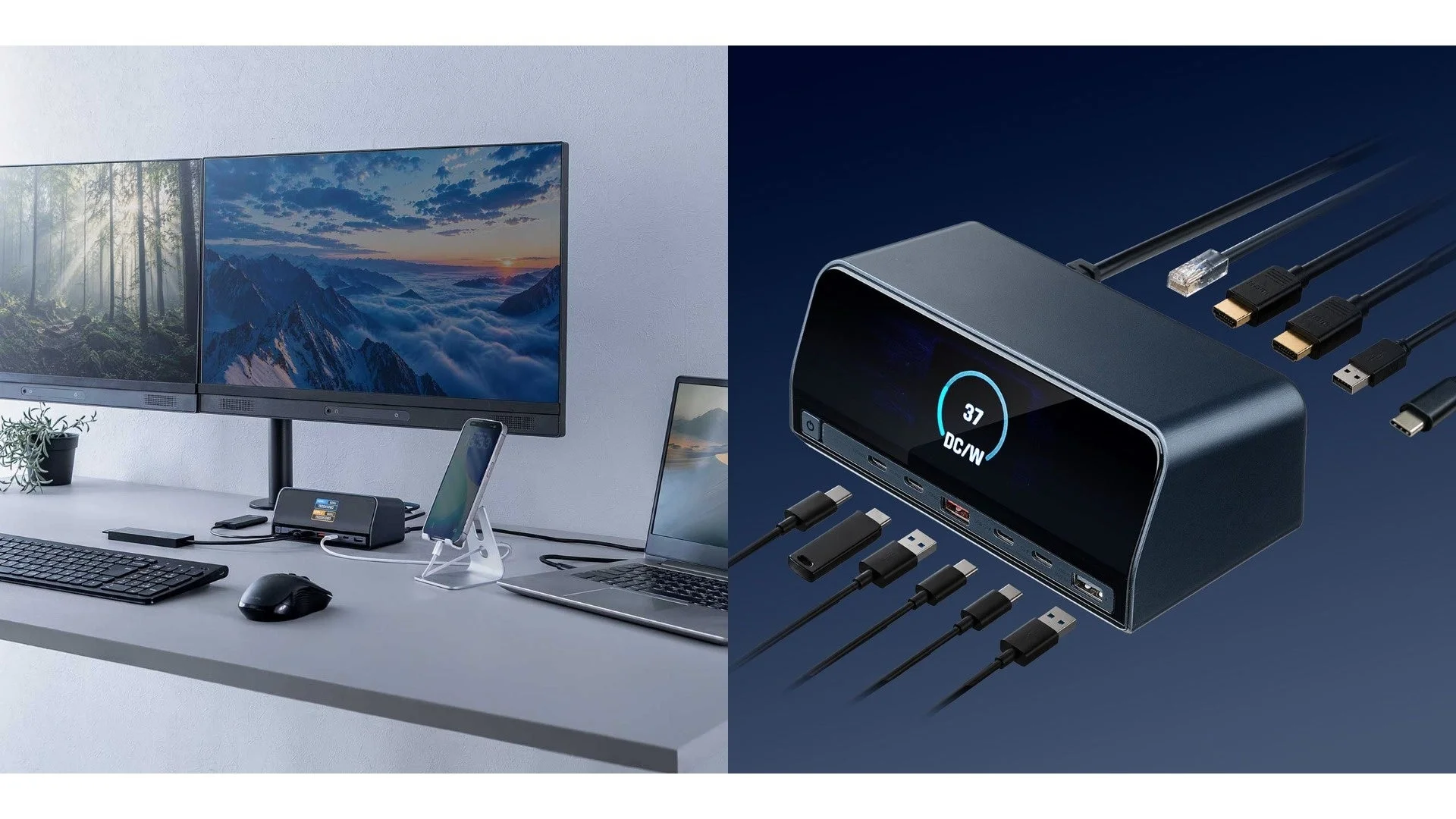 USB-Cドッキングステーション400-VGA032のデスク利用例と、液晶と各種ケーブルを示す本体
