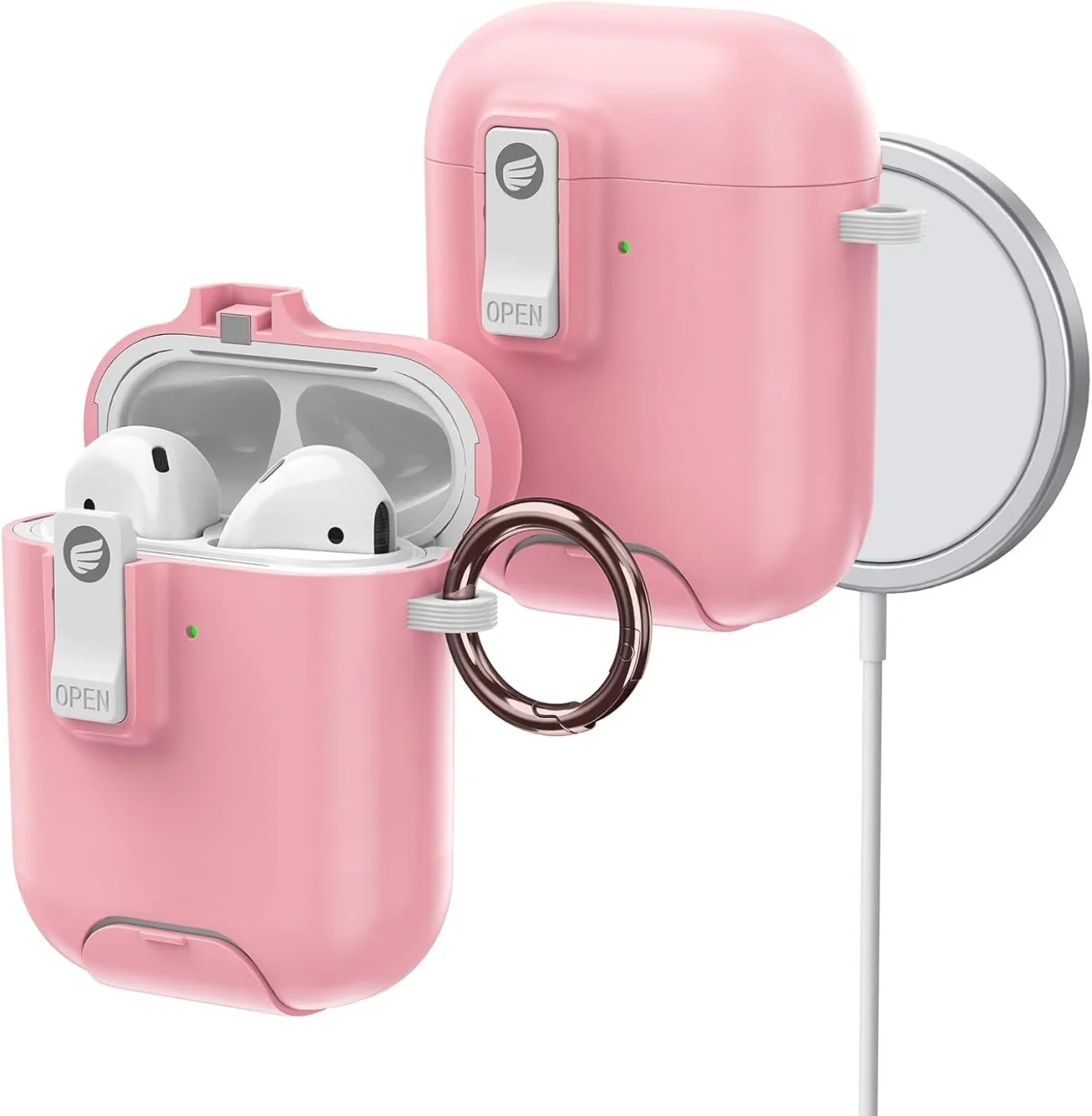 AirPods第1/2世代対応MagSafe保護ケース。ピンクで開閉ボタンとリング付き