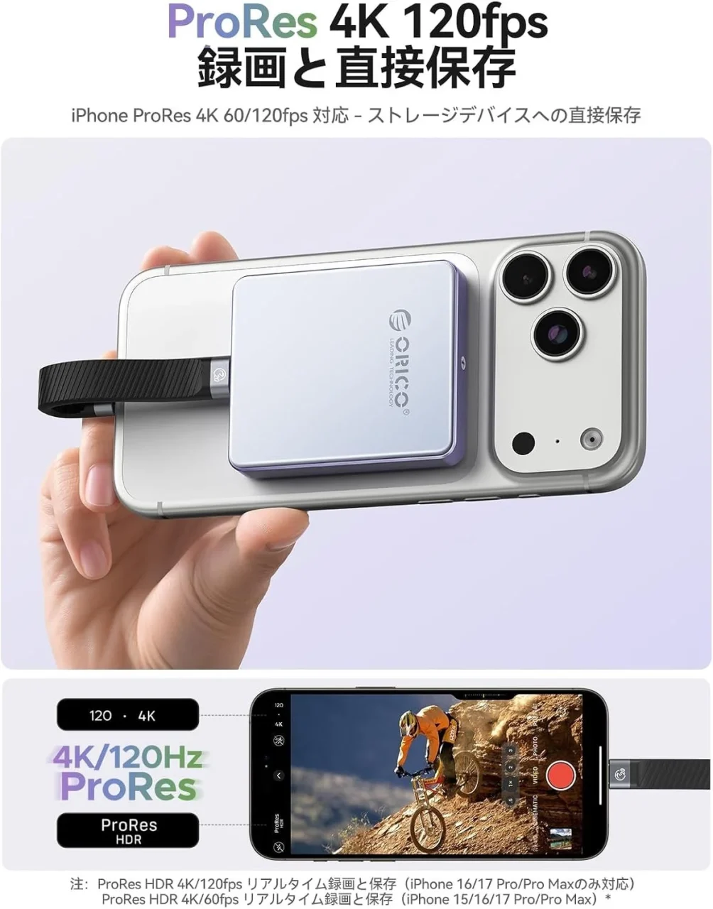 iPhone背面に装着したORICOのSSDケースと4K ProRes録画画面