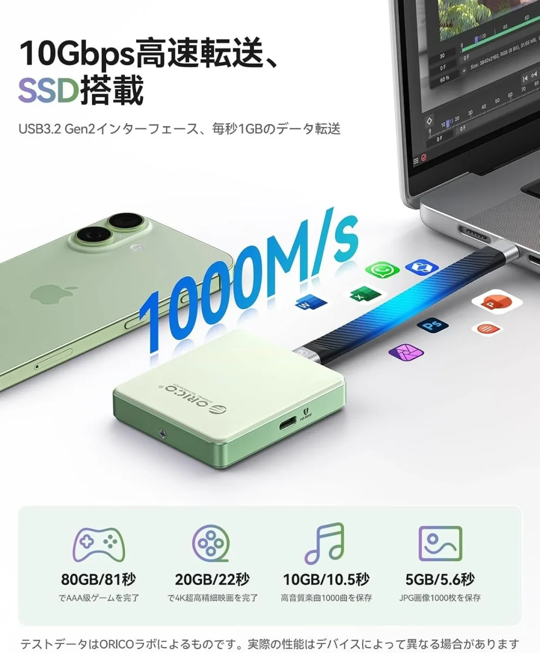 10Gbps超高速データ転送を示す、ORICO SSDケースとノートPC・スマホの図