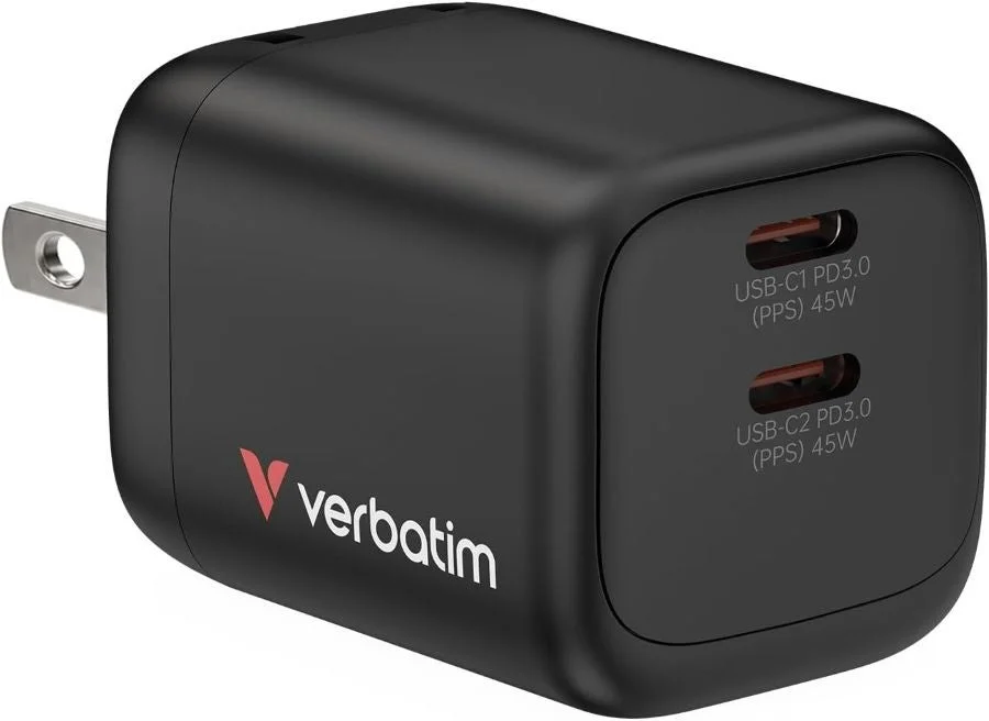 Verbatim GaNチャージャー GANC45V3（45W）の黒い本体、USB-C 2ポート