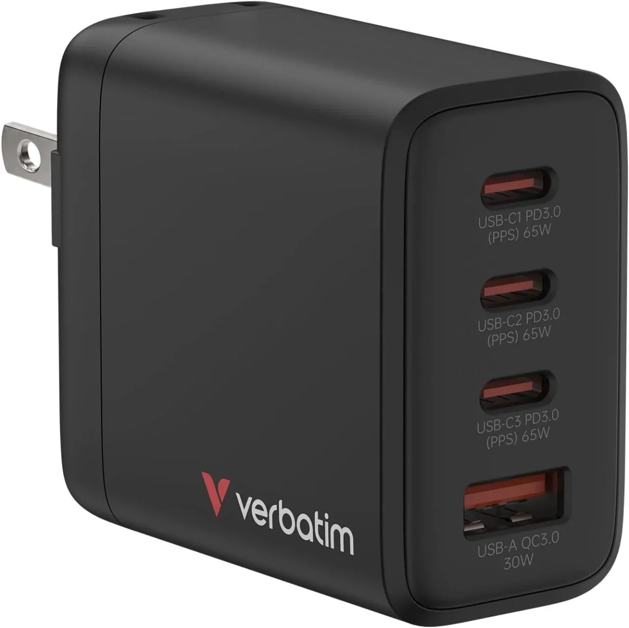 GANC65BV3（65W）の黒いGaNチャージャー。USB-C3口とUSB-A1口