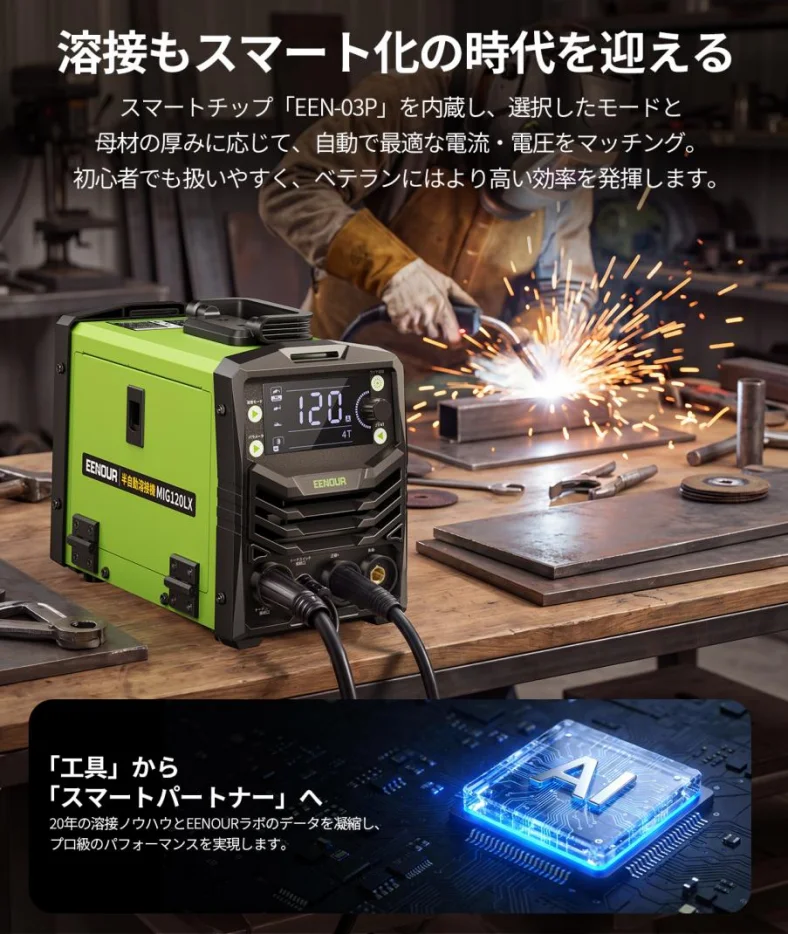 EENOUR 半自動溶接機MIG120LX。作業台で溶接する様子とAIチップのイメージ